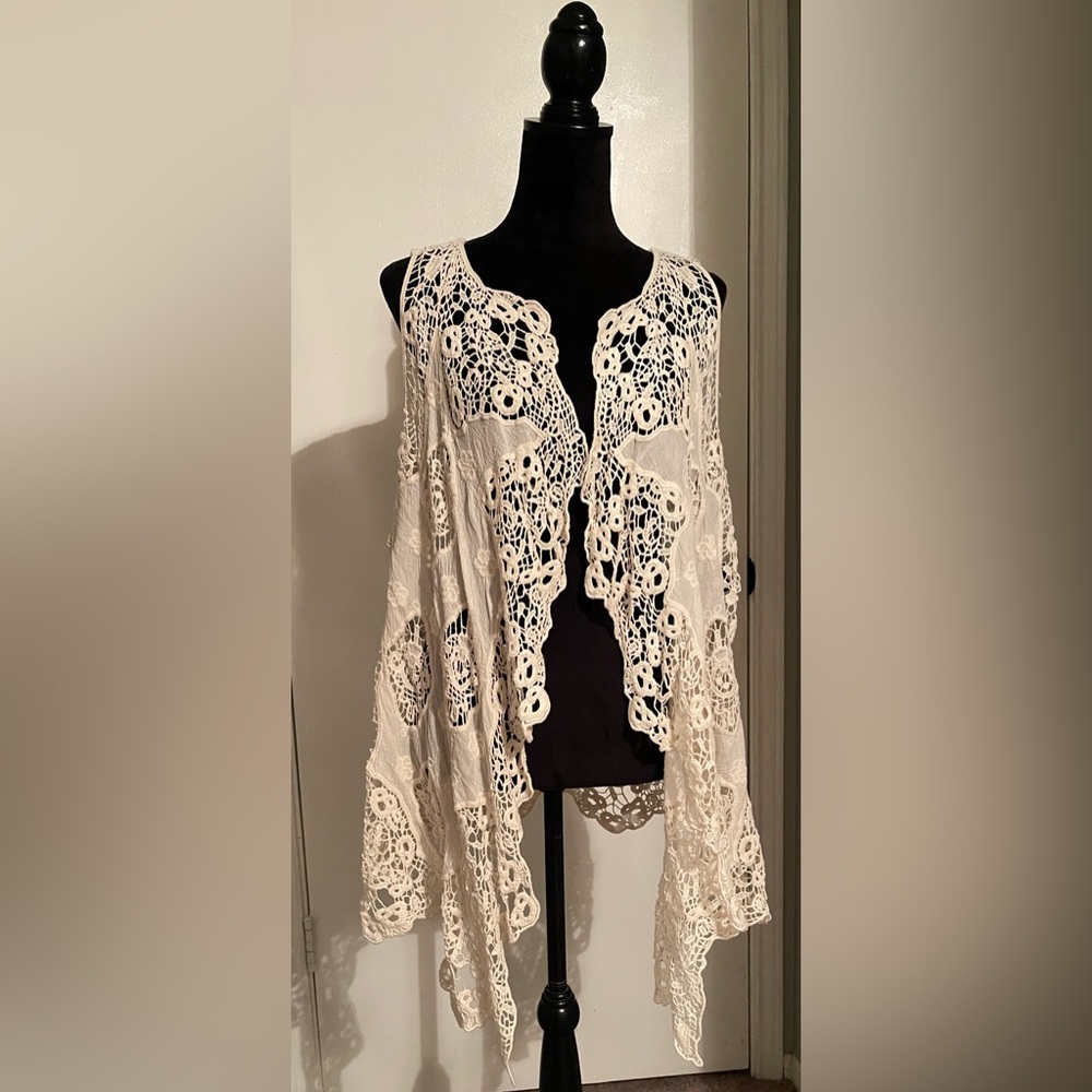 Cream Crochet Lace Vest Boho Hippie Butterfly Cardigan festival sleeveless